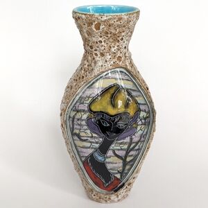 Vintage Fat Lava Style Glaze Vase w/ Lady & Trees Design Made in Portugal MCM